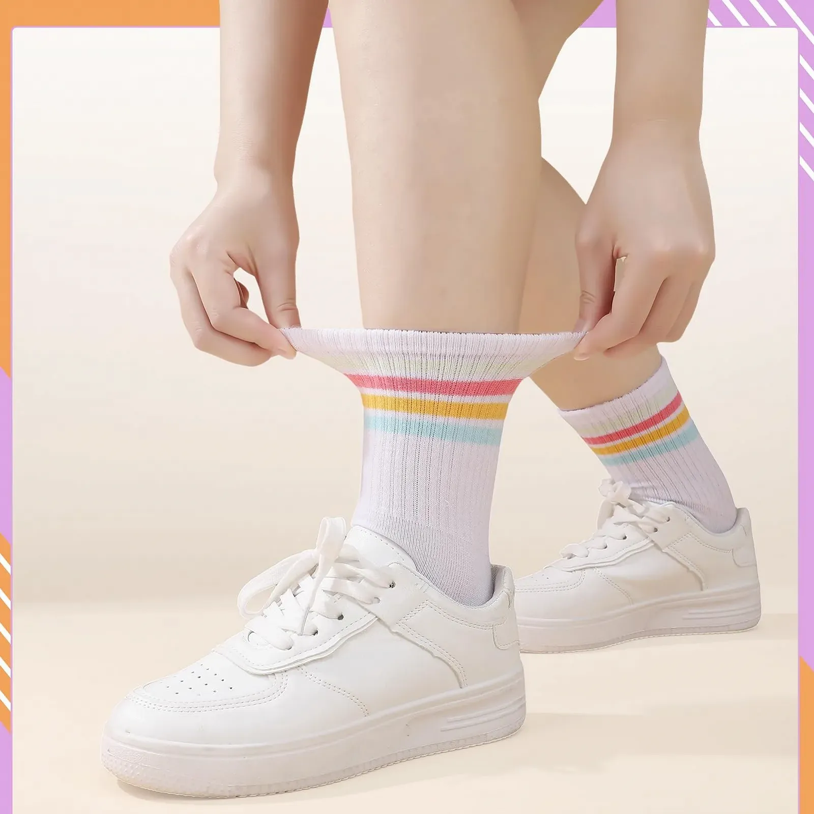 Теннисные носки Белый цвет, 4 пары, размер 38-42, с полосками и рисунками клубники и вишни, фото №5