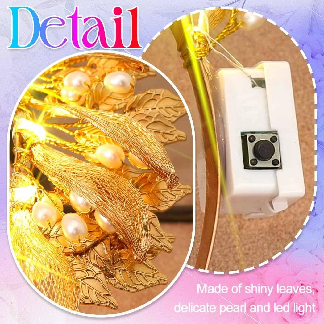 Обруч Zoestar Весільний зі світлодіодами Листя, Богиня, Бісер, Золотий, фото №5 Обруч Zoestar Весільний зі світлодіодами Листя, Богиня, Бісер, Золотий, фото №5