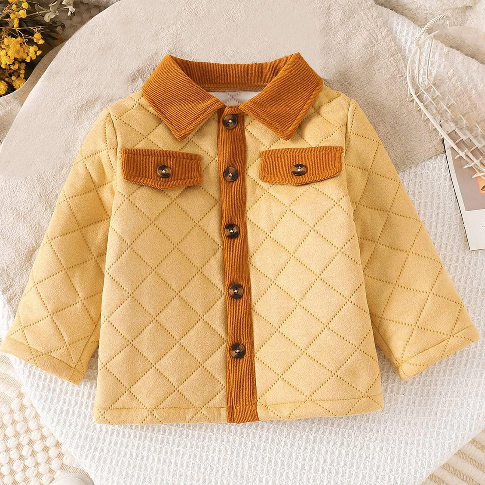 Куртка стьобана для дівчат з вельветовим коміром, фото №3