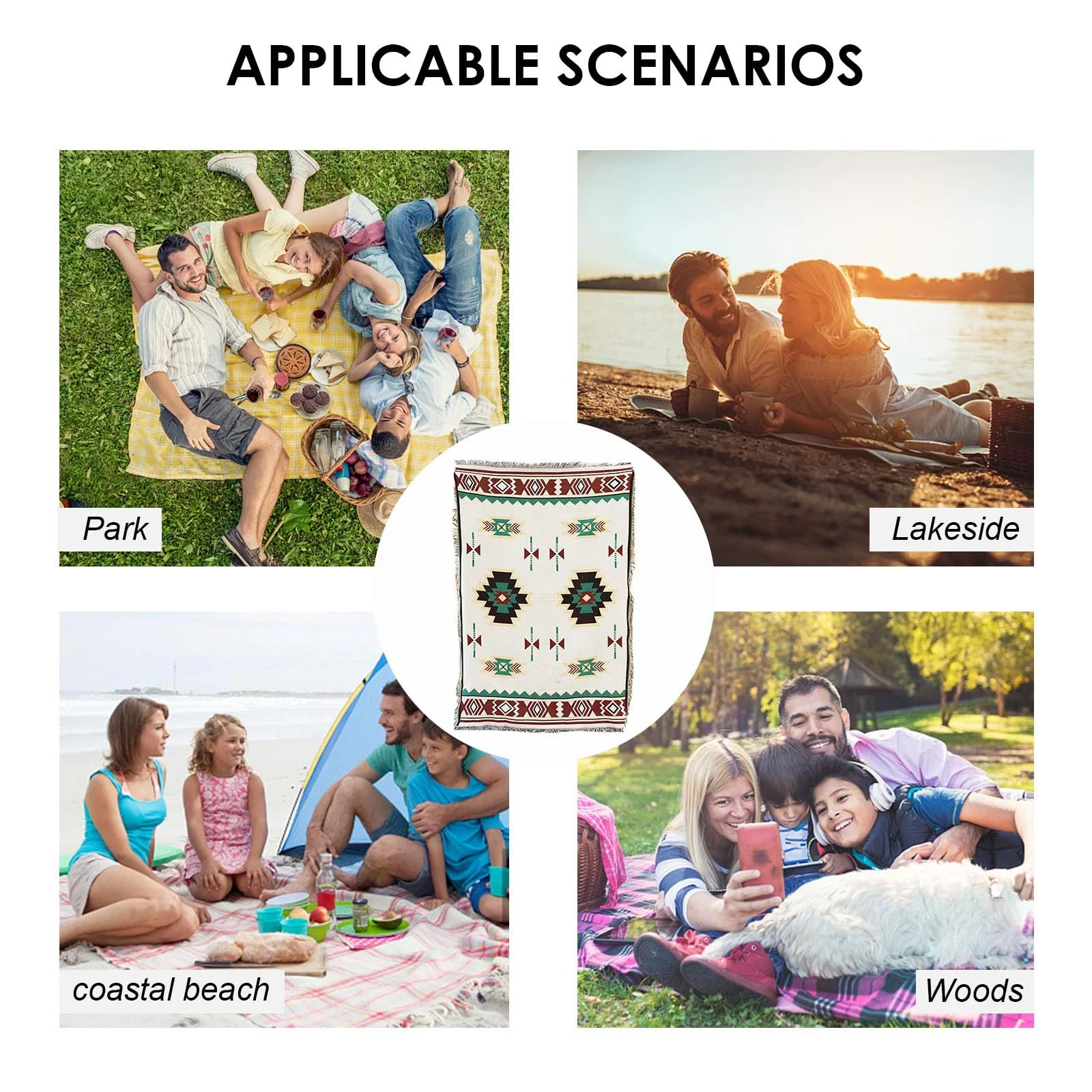 Плед LumiSyne Бавовняний тканий з китицями Богемний етнічний стиль Ацтек Навахо 160 x 130 см, фото №6