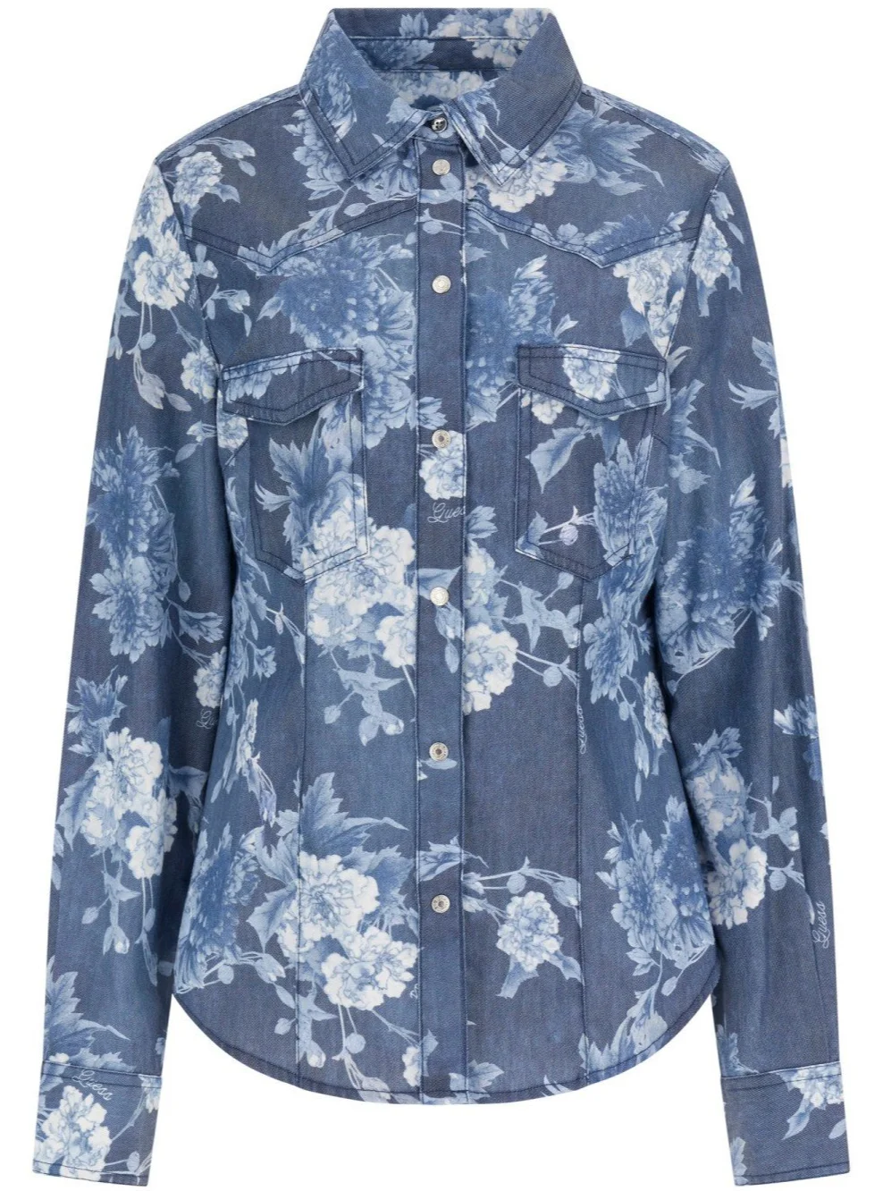 Женская джинсовая рубашка GUESS JEANS с цветочным принтом / Синяя / Размер S, фото №1
