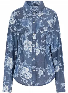 Женская джинсовая рубашка GUESS JEANS с цветочным принтом / Синяя / Размер S - Фото 1