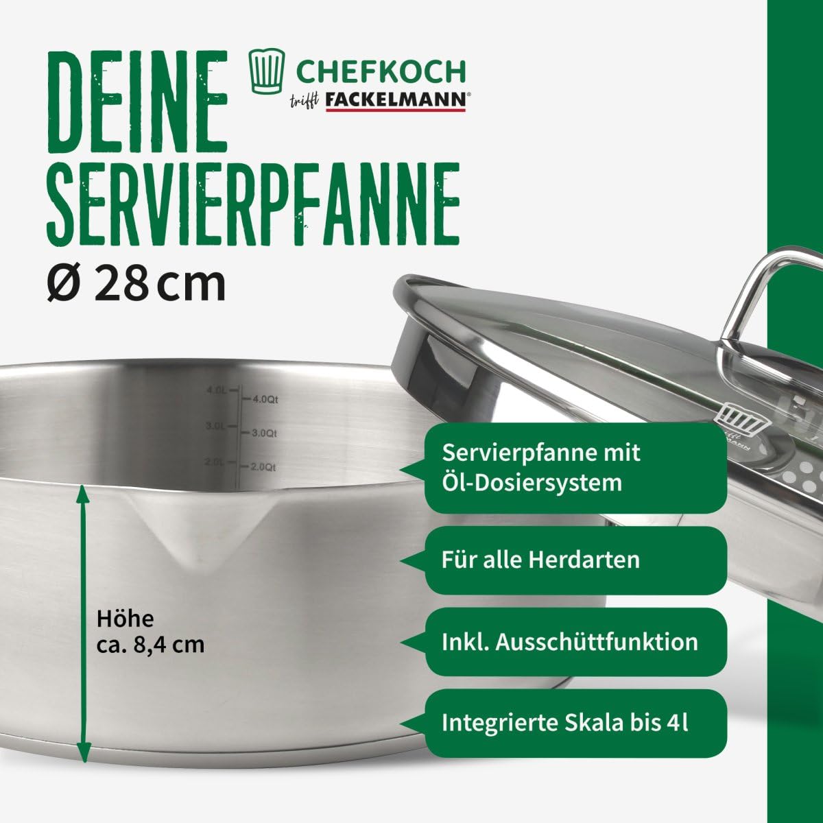 Каструля FACKELMANN Chefkoch Munich діаметр 28 см з системою дозування олії та енергозберігаючим капсульним дном - Нержавіюча сталь - Підходить для всіх плит, включаючи індукційні - Приблизно 5 літрів, фото №2 Каструля FACKELMANN Chefkoch Munich діаметр 28 см з системою дозування олії та енергозберігаючим капсульним дном - Нержавіюча сталь - Підходить для всіх плит, включаючи індукційні - Приблизно 5 літрів, фото №2