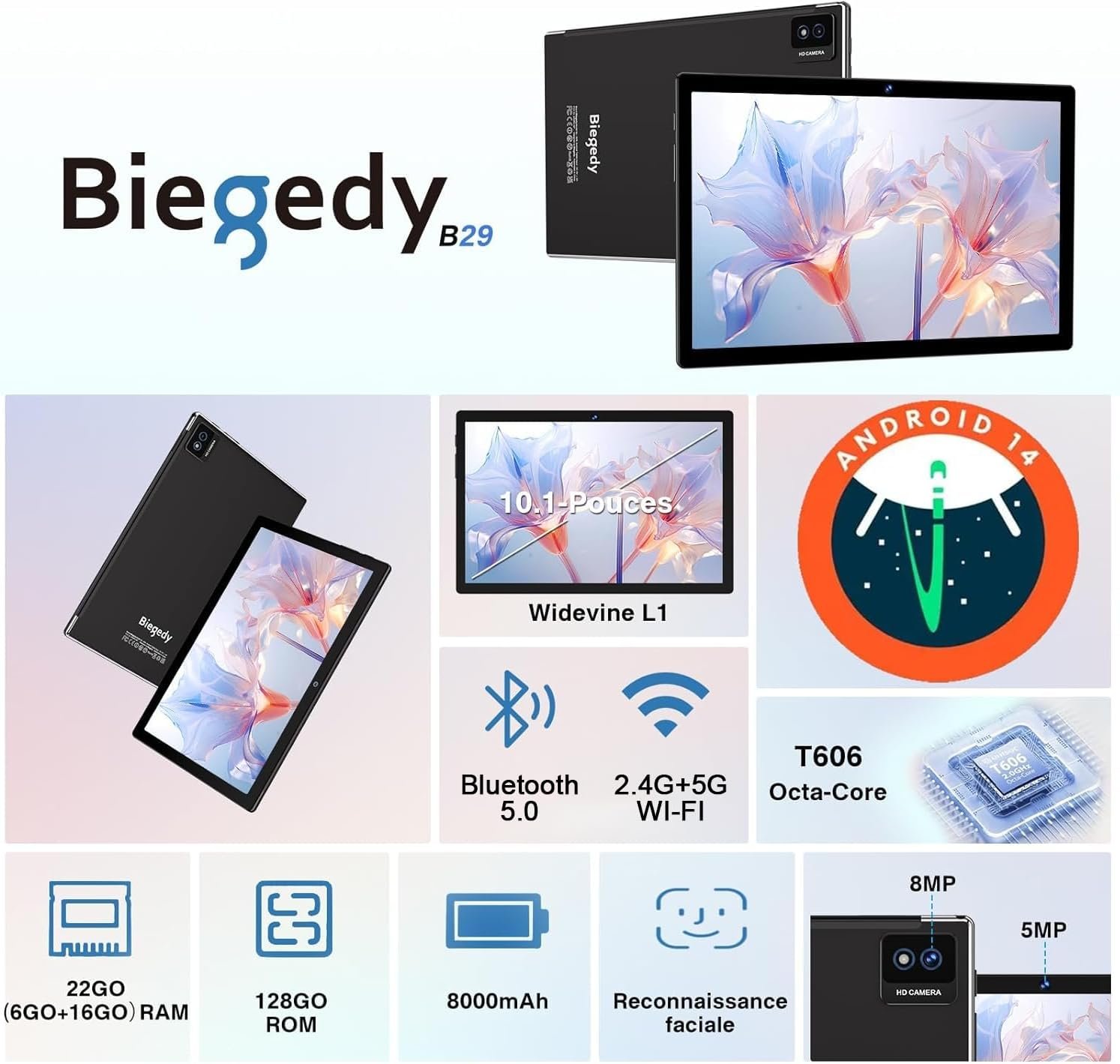 Планшет 10.1" Biegedy B29 6+16/128Gb 8 ядер Android 14 8000 mAh Чорний, фото №2