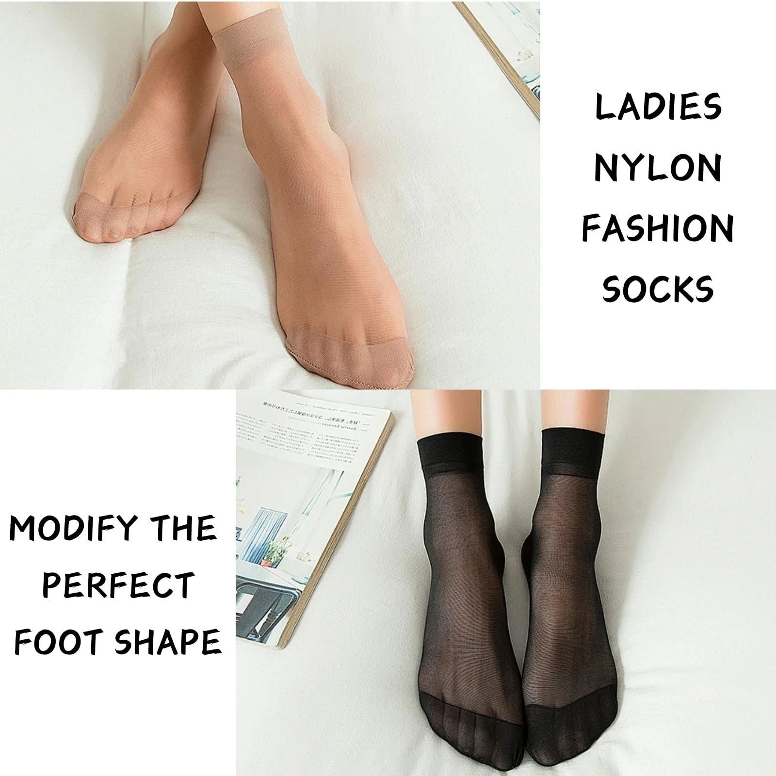 Носки нейлоновые KEYRI 14 пар, Женские носки до щиколотки Прозрачные чулки Нейлоновые чулки Популярные шелковые носки для женщин Повседневные офисные носки для женщин и девушек (Черный, Телесный) Черный, Телесный, One, фото №5