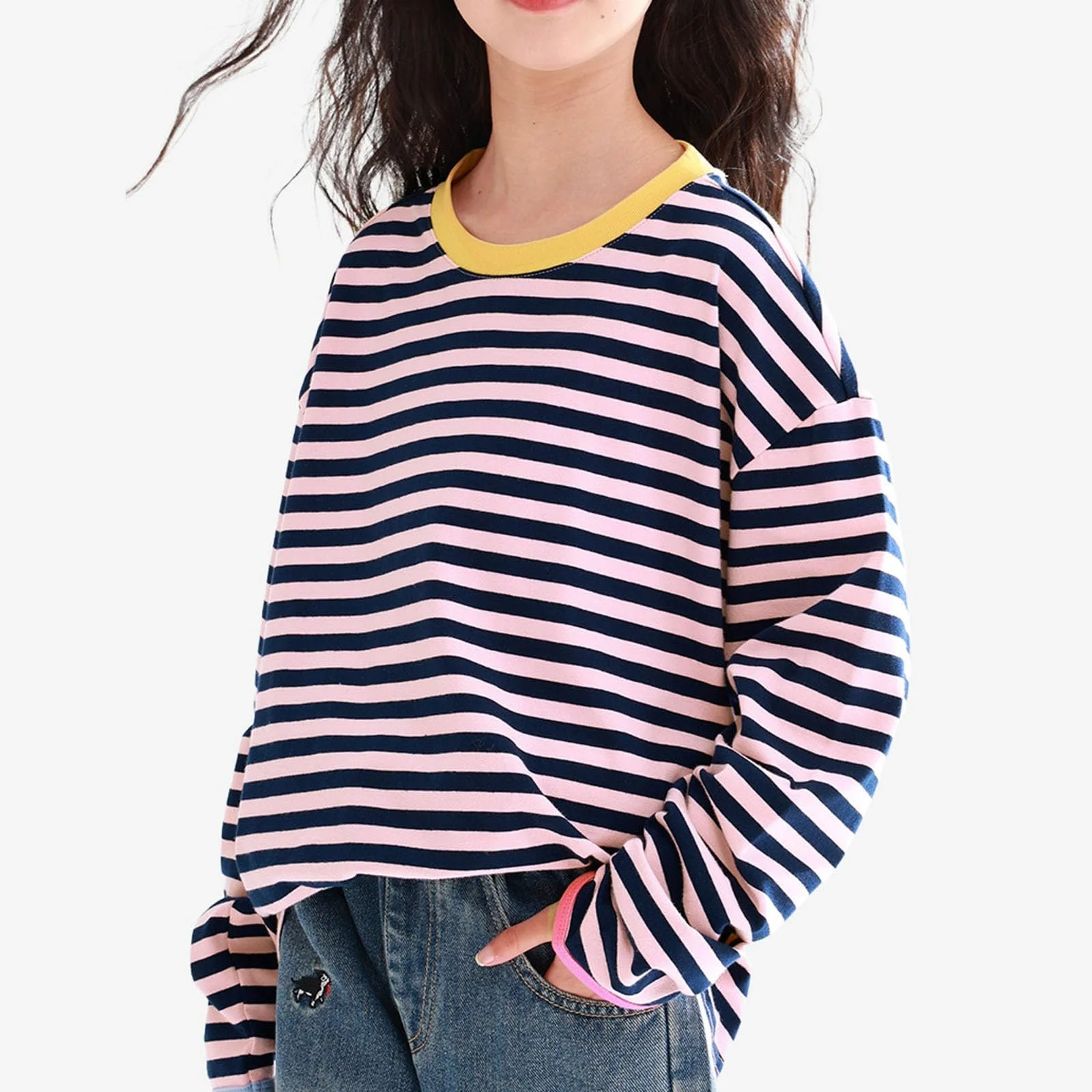 Світшот у смужку для дівчат, дитячий пуловер з круглим вирізом, фото №3