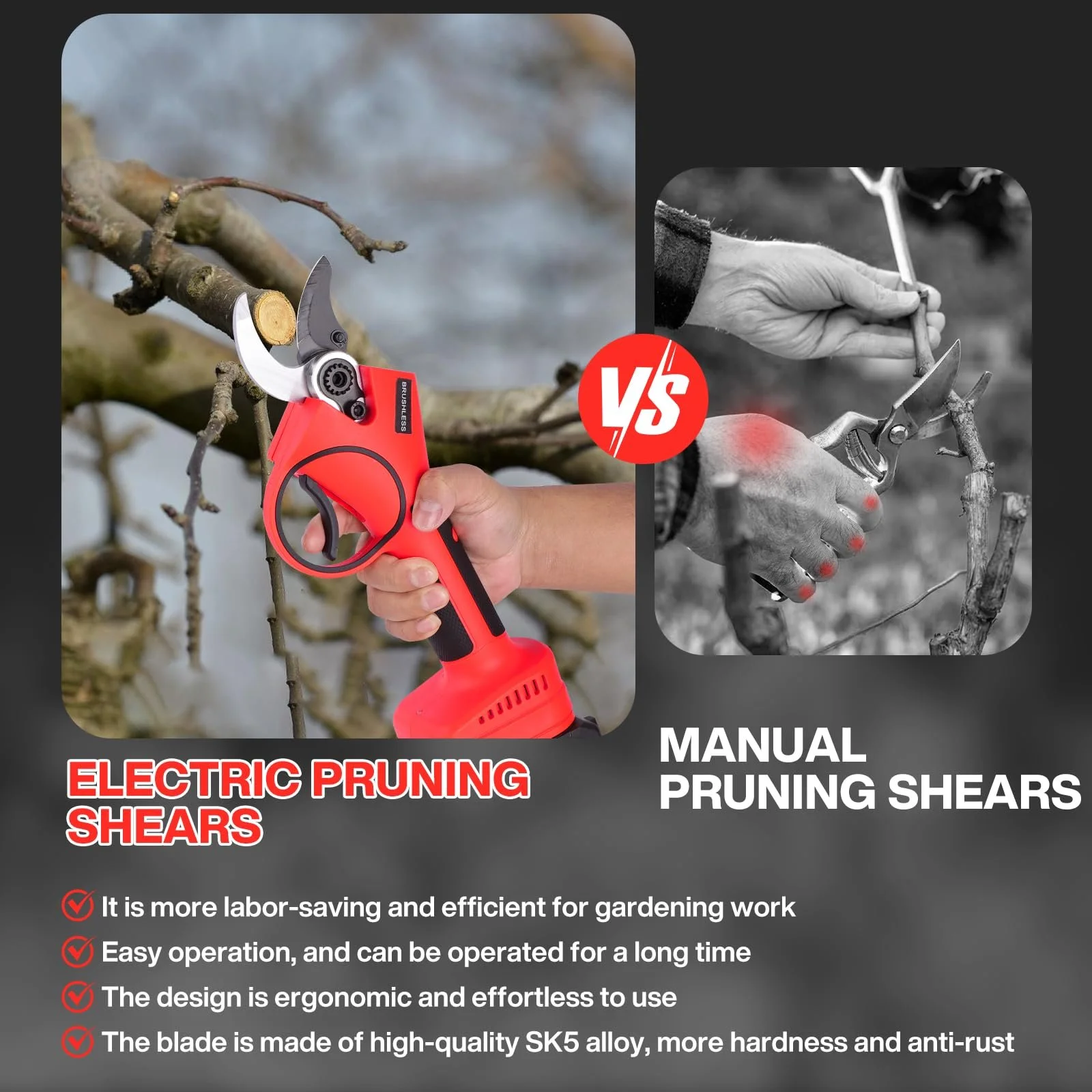 Акумуляторні гілкорізи 40 мм, електричні ножиці для обрізки з акумулятором 2 x 2000 mAh, безщітковий двигун, гостре лезо, садові ножиці для фруктових дерев, червоний, фото №6