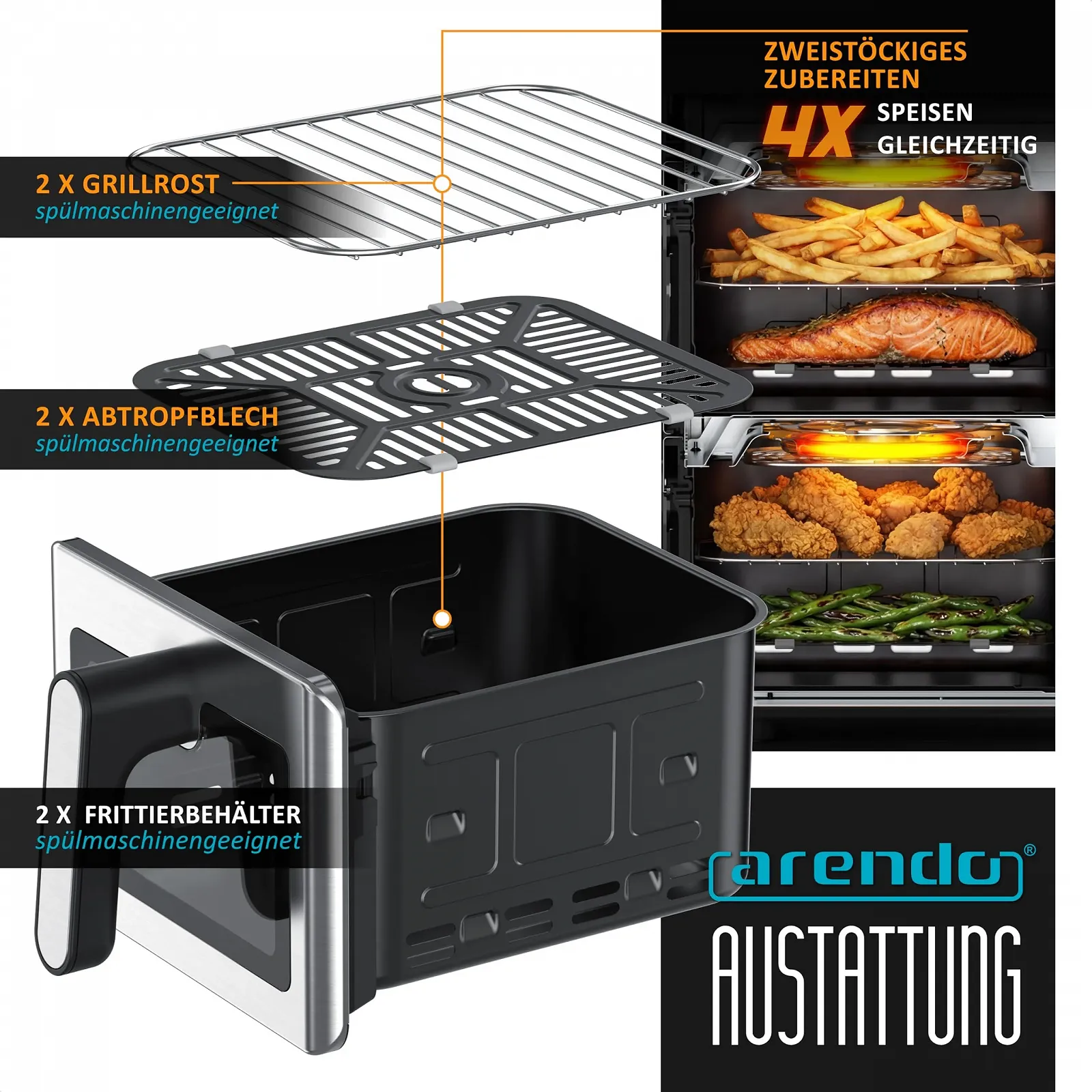 Мультипіч Arendo Hot Air Fryer XXL 11 л 2200 Вт двокамерна з вікном нержавіюча сталь, фото №4
