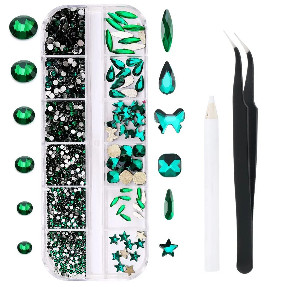 Стразы Плоские для ногтей DIY Камни Кристаллы Стекло Бриллианты Набор для украшений с пинцетом и ручкой для подбора 12 цветов Зеленый, фото №1