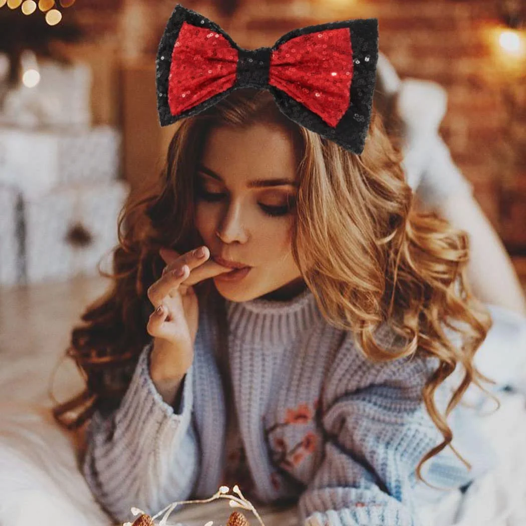 Обруч на голову з бантом Reaky, прикрашена блискітками, чорно-червона, фото №3