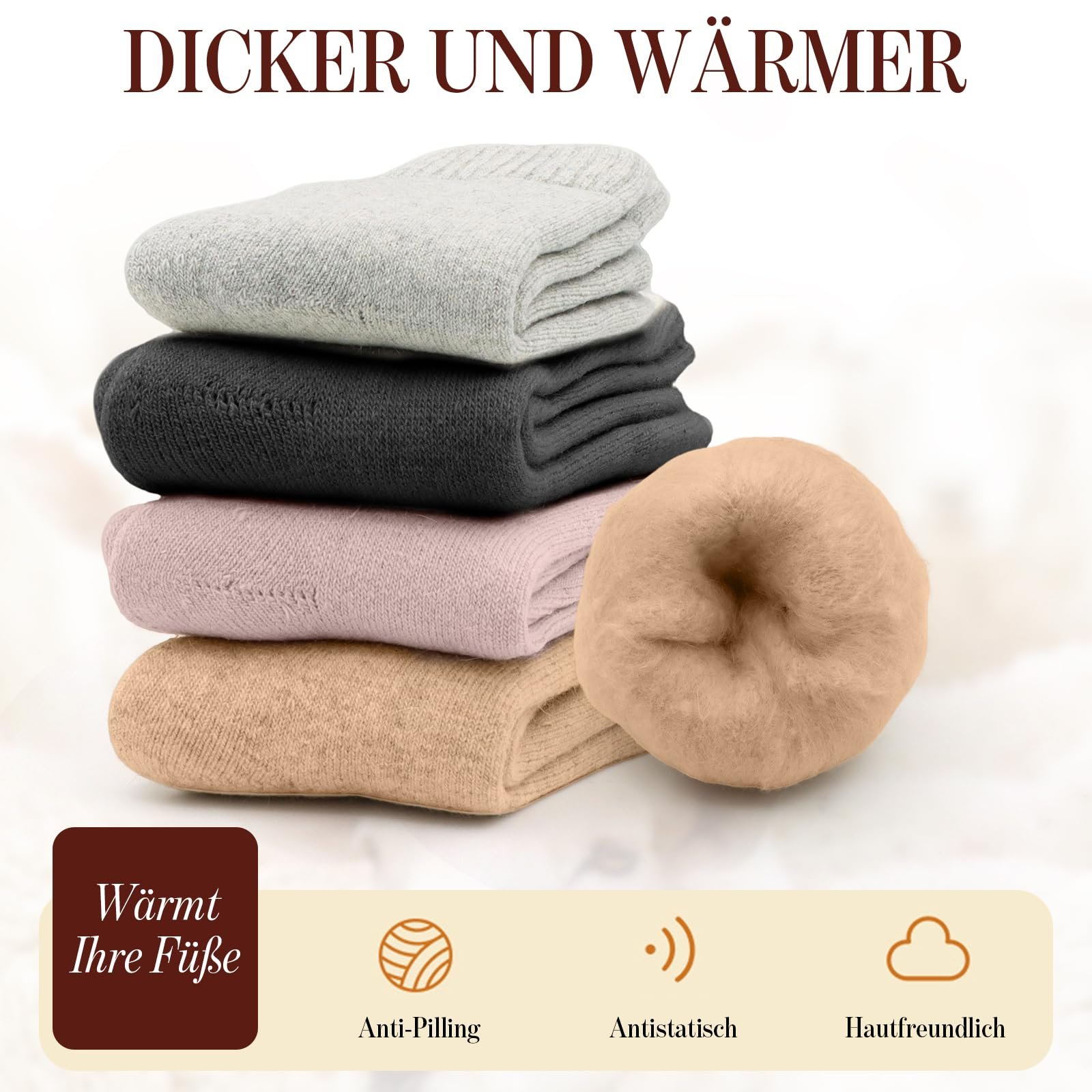 Термоноски Женские (4 пары) 35-39 Шерстяные Мягкие Носки Теплые Зимние Удобные Шерстяные Толстые Кашемировые Термо для Дома, фото №3