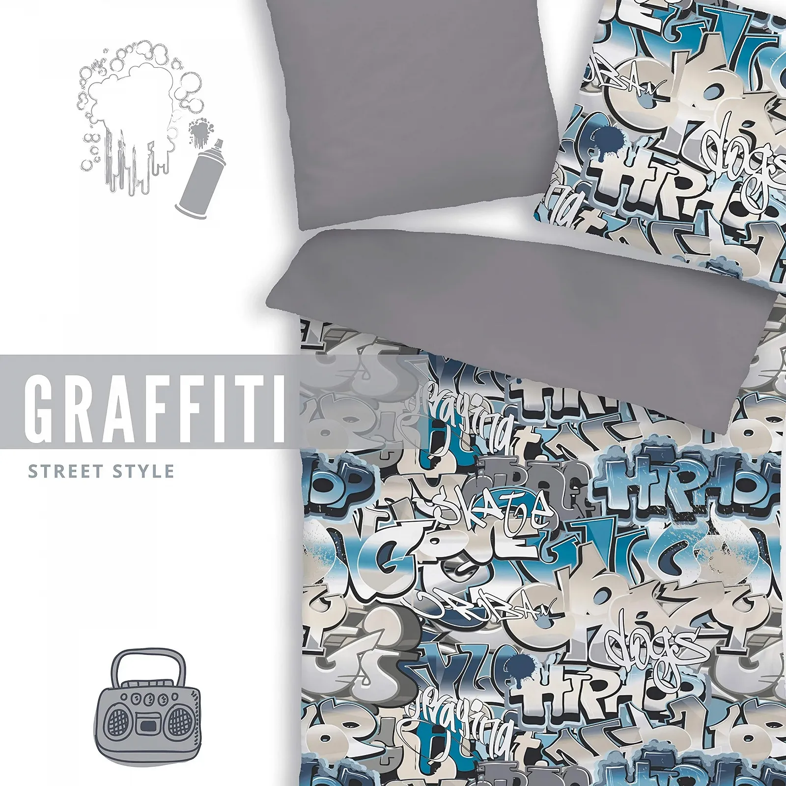 Комплект постільної білизни termana Graffiti 135x200 см 100% бавовна з блискавкою 3D синьо-сірий, фото №6