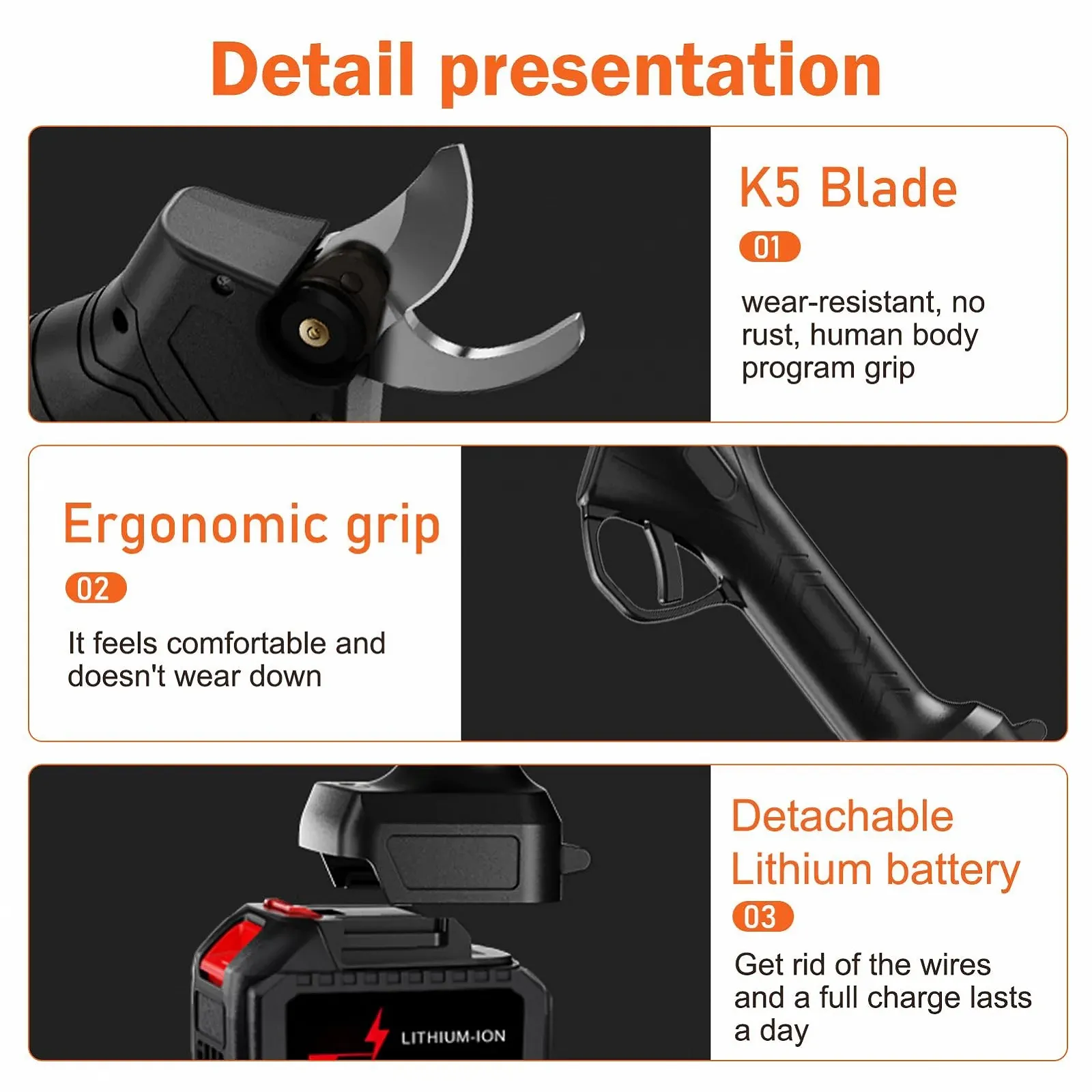 Акумуляторний секатор, професійний електричний секатор з батареями 2000 mAh, бездротові електричні садові ножиці з діаметром різання 25 мм для саду, гілок та фруктових садів, фото №4