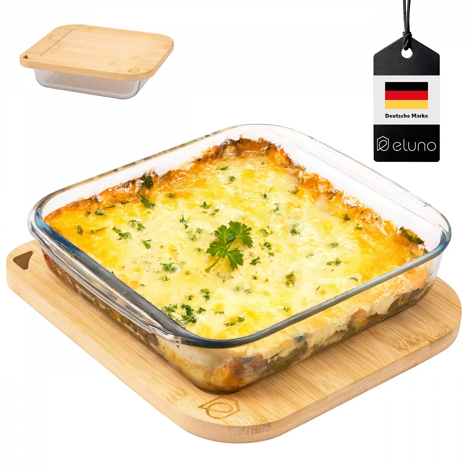 Стеклянная форма для запекания eluno с бамбуковой крышкой 1.8 л квадратная, фото №1