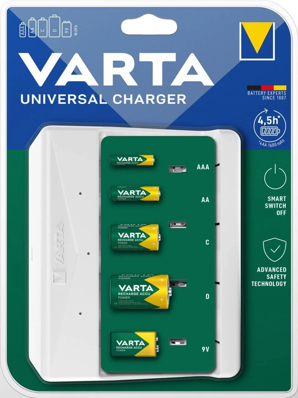 Зарядний пристрій VARTA для акумуляторів, заряджає 2 або 4 AA, AAA, C, D або 1 x 9 V одночасно, без акумуляторів, фото №2