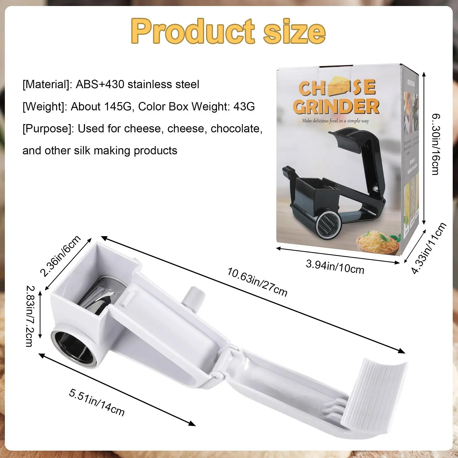 Терка з ручкою для сиру Parmesan, 3 змінних барабани з нержавіючої сталі, фото №6