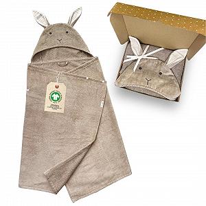 Пончо с капюшоном DIKOS® для купания детей, бежево-коричневый, 70 x 140 см, 2-в-1, с кнопками и кроличьим капюшоном, 100% органический хлопок - Фото 1
