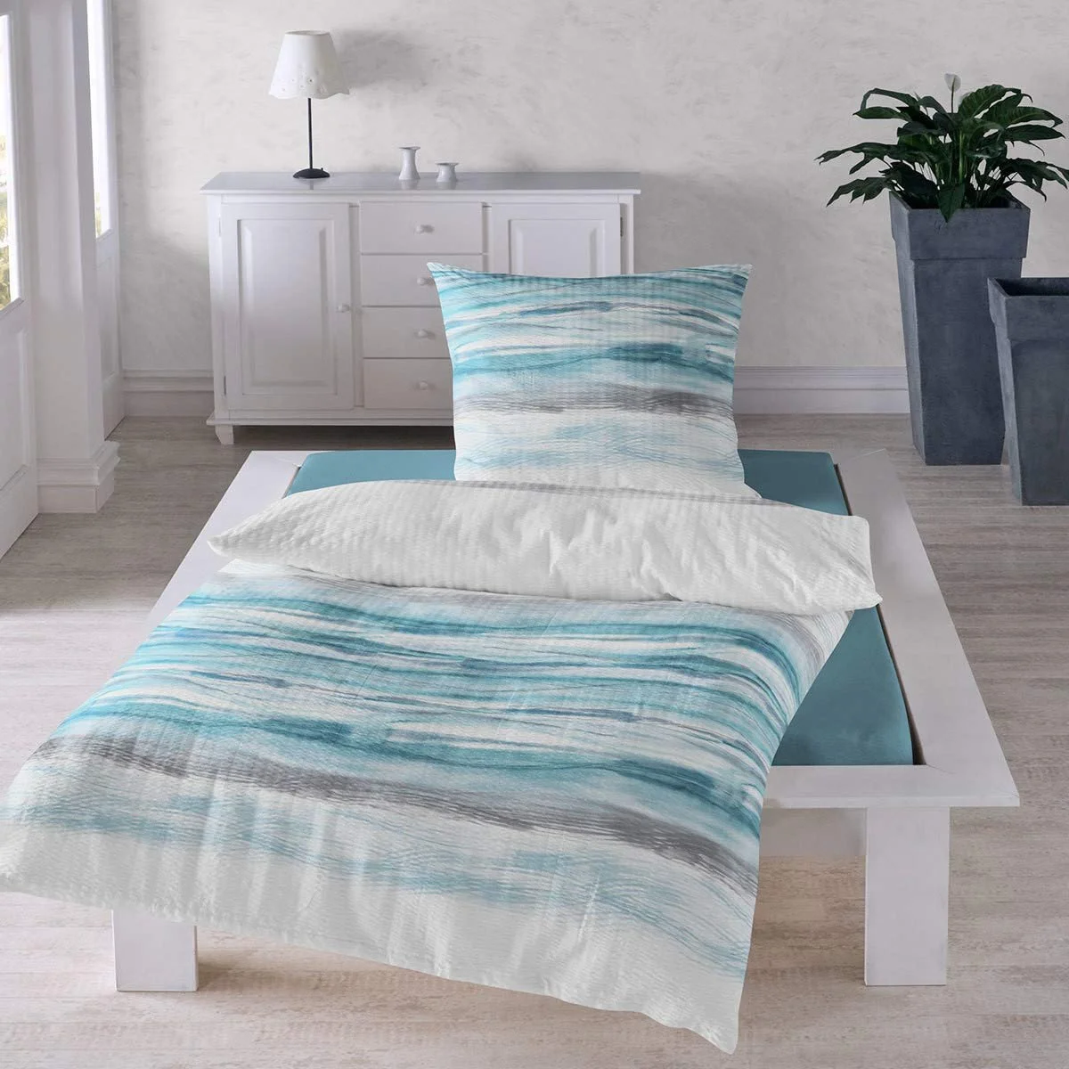 Комплект постільної білизни Traumschlaf Refreshing Wave жатка не потребує прасування літній на блискавці 135 x 200 см + 80 x 80 см бірюзово-сірий, фото №2