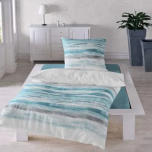 Комплект постільної білизни Traumschlaf Refreshing Wave жатка не потребує прасування літній на блискавці 135 x 200 см + 80 x 80 см бірюзово-сірий synthetic.ua - Фото 1
