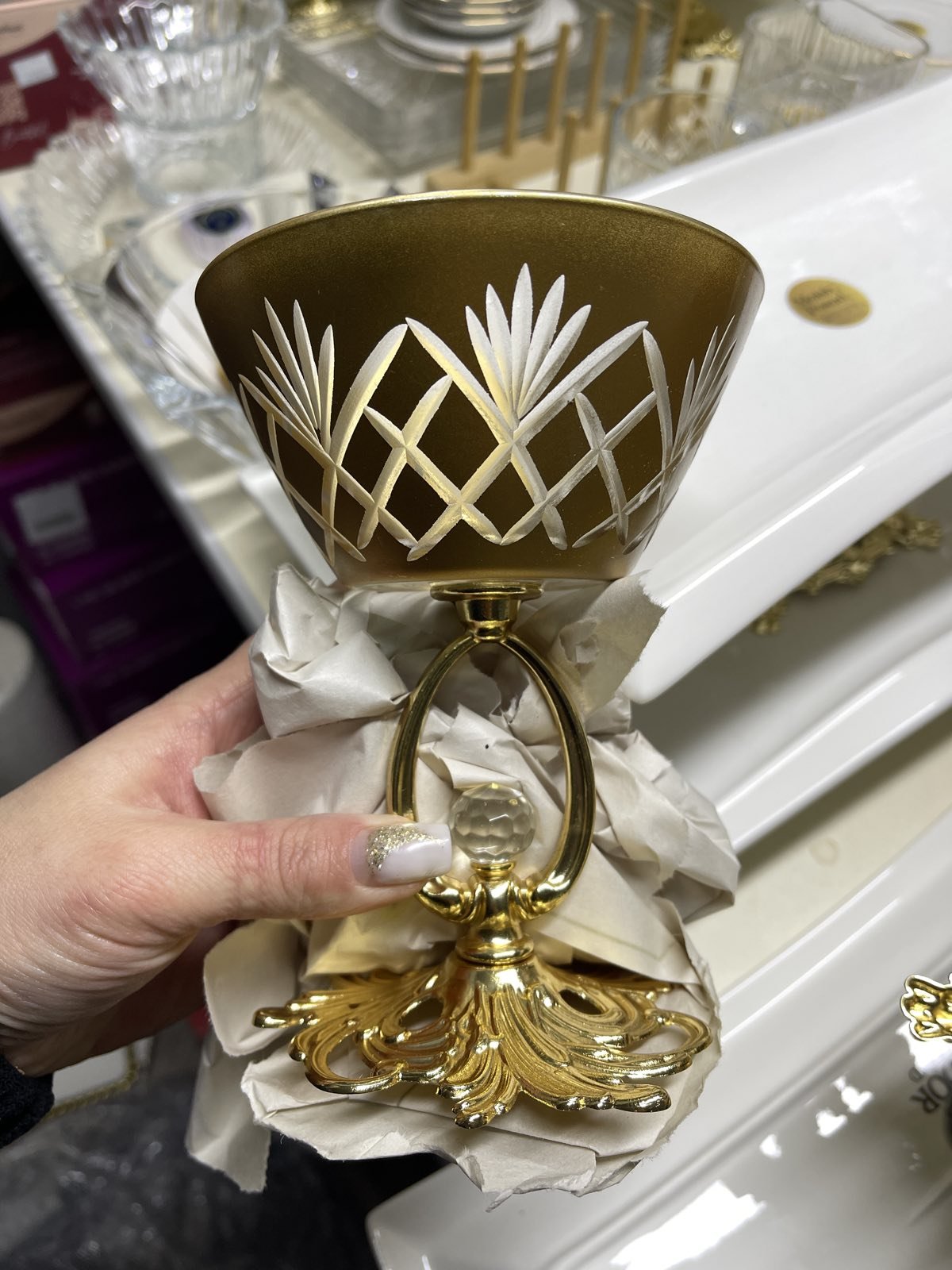 Золота креманка з високоякісного скла, золота ніжка з камінчиком. Версаль, фото №1