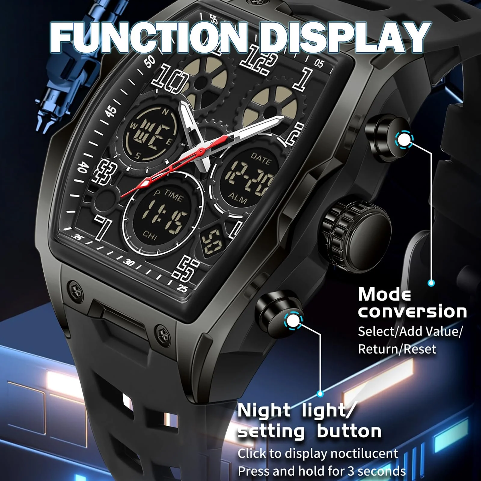 Часы спортивные цифровые мужские Findtime Большой циферблат Водонепроницаемые светодиодная подсветка Будильник Секундомер Уникальный дизайн двойной, фото №5