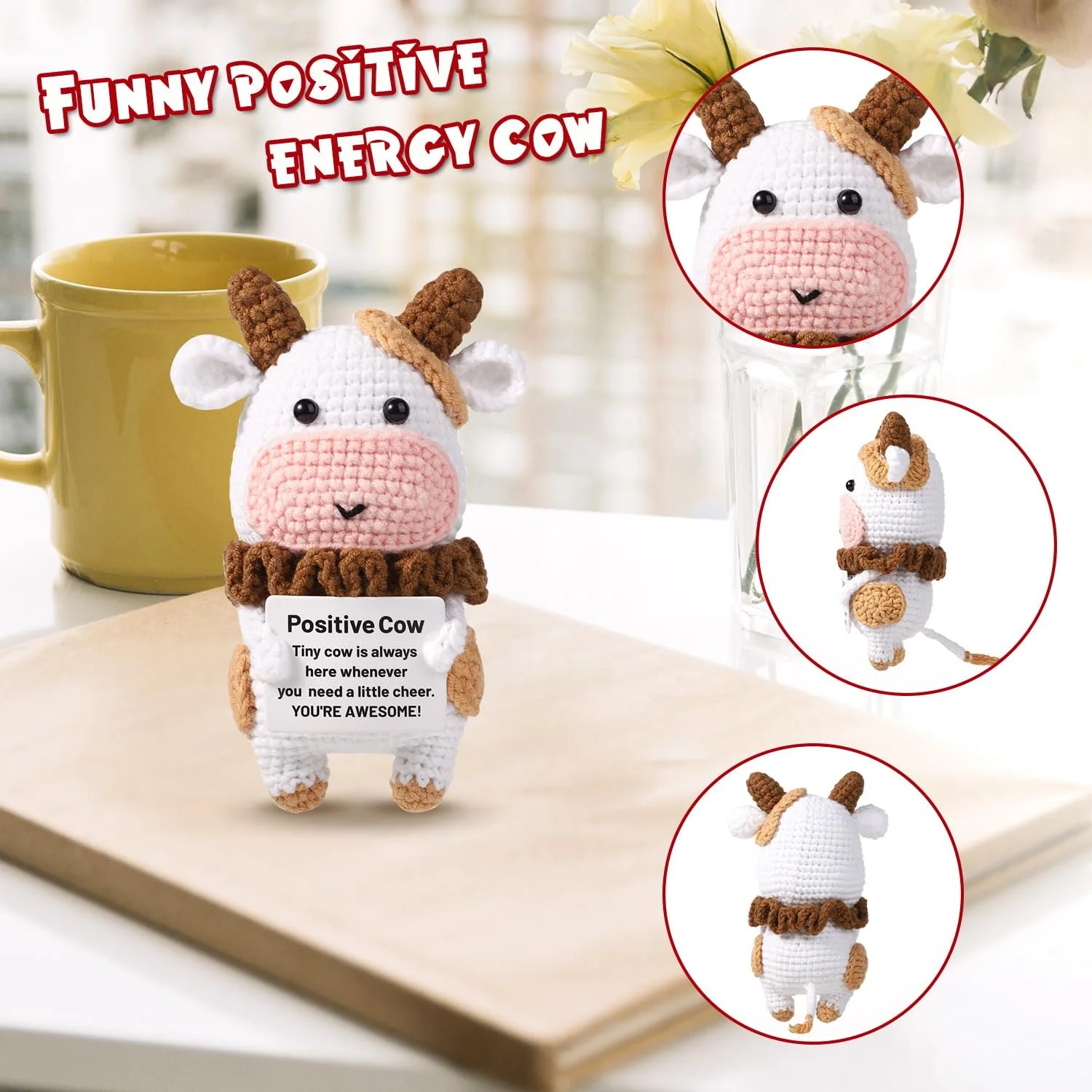 TOYMIS Positive Cow Crochet Вязаная эмоциональная поддержка мини кукла, фото №3 TOYMIS Positive Cow Crochet Вязаная эмоциональная поддержка мини кукла, фото №3