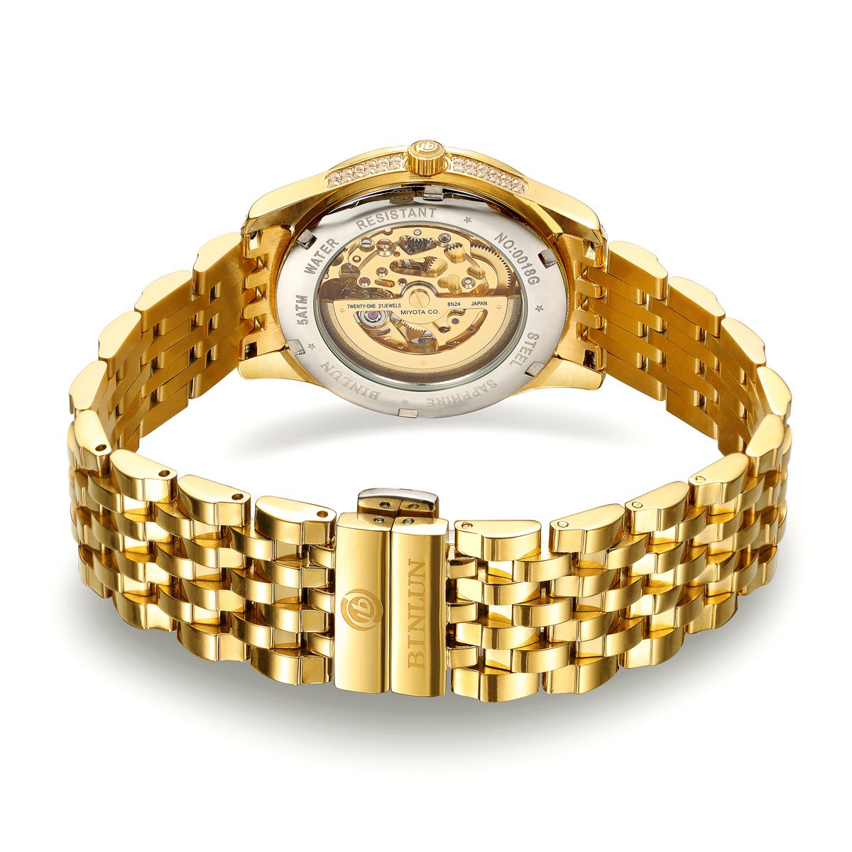 Годинник Binlun Analogue Automatic з браслетом з нержавіючої сталі позолоченим 18K Skeleton для Дня Святого Валентина, фото №5