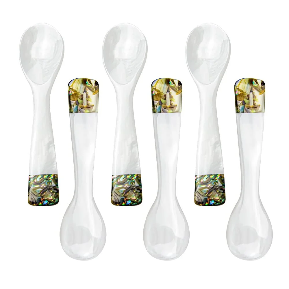 Ложка перламутровая DUEBEL 6 шт, ложки для яиц, ложки для икры, белая ложка из перламутра с зеленой ручкой из пресноводного моллюска, около 9 см, фото №3