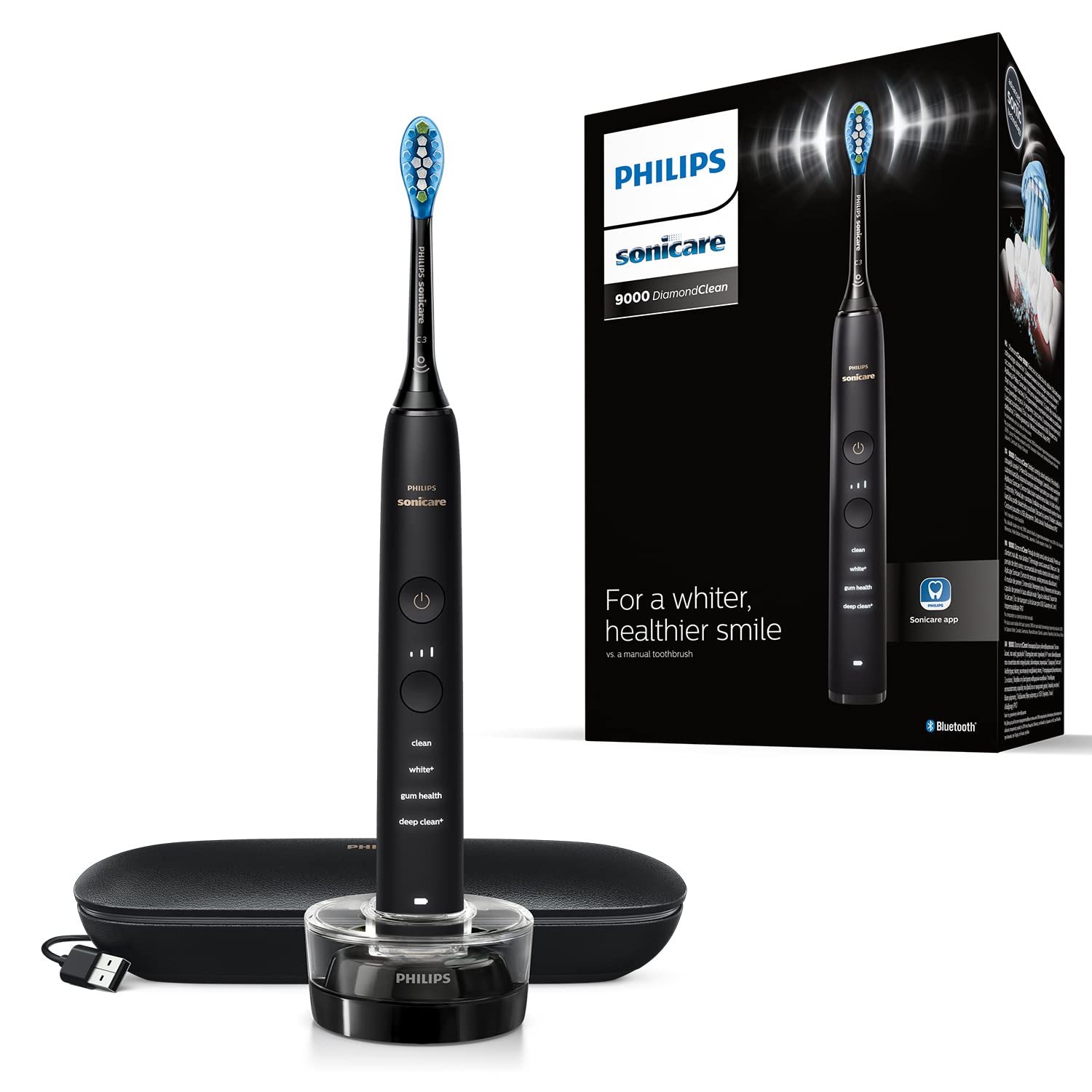 Зубная электрощетка Philips Sonicare DiamondClean 9000, черная, 4 режима, 3 уровня интенсивности, датчик давления на десны, приложение, подсоединяемая ручка, фото №1