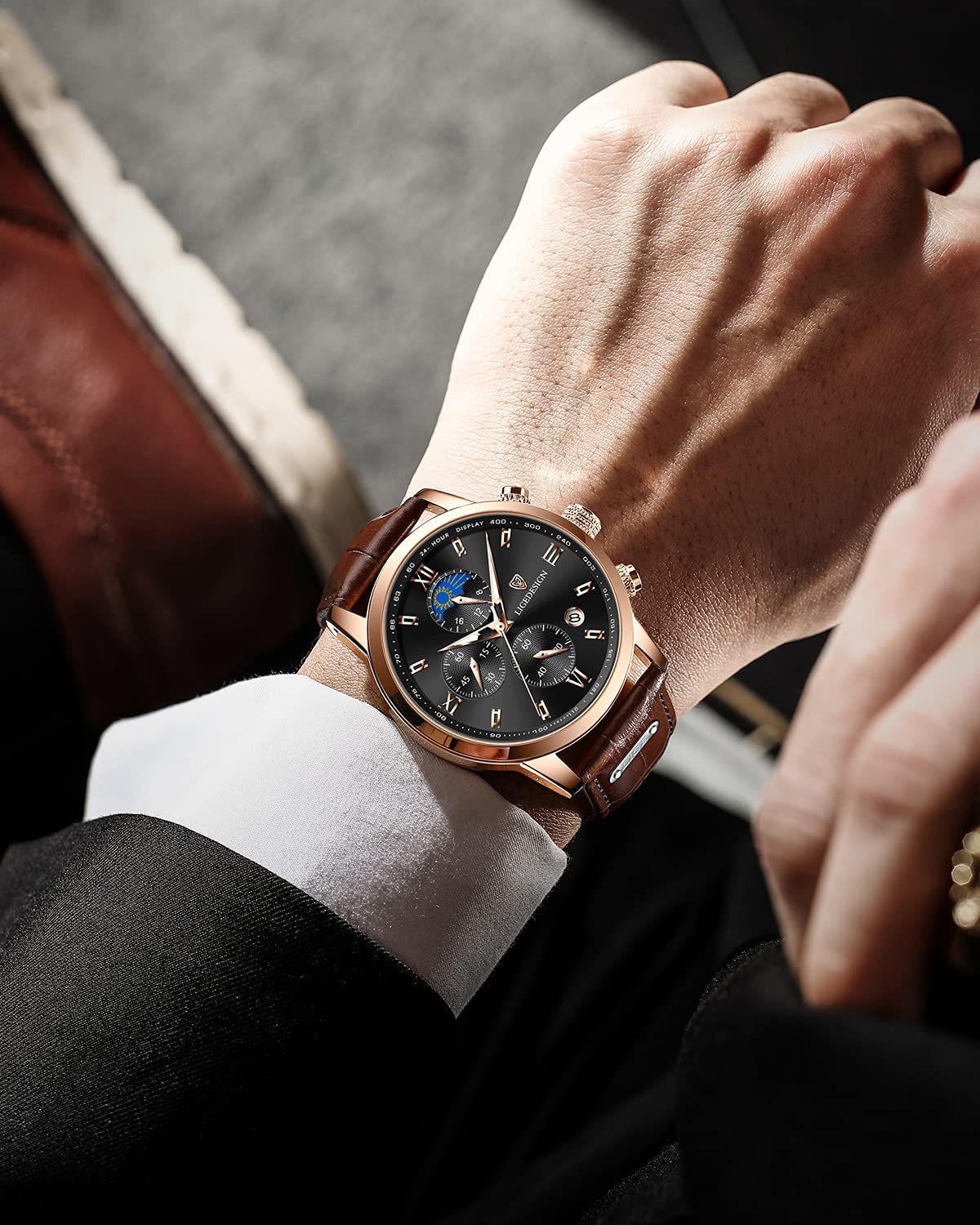 Годинник LIGE Men's Аналоговий Кварцовий Шкіряний Водонепроникний Нержавіюча Сталь Бізнес Кежуал Дата Хронограф для Чоловіків, фото №3