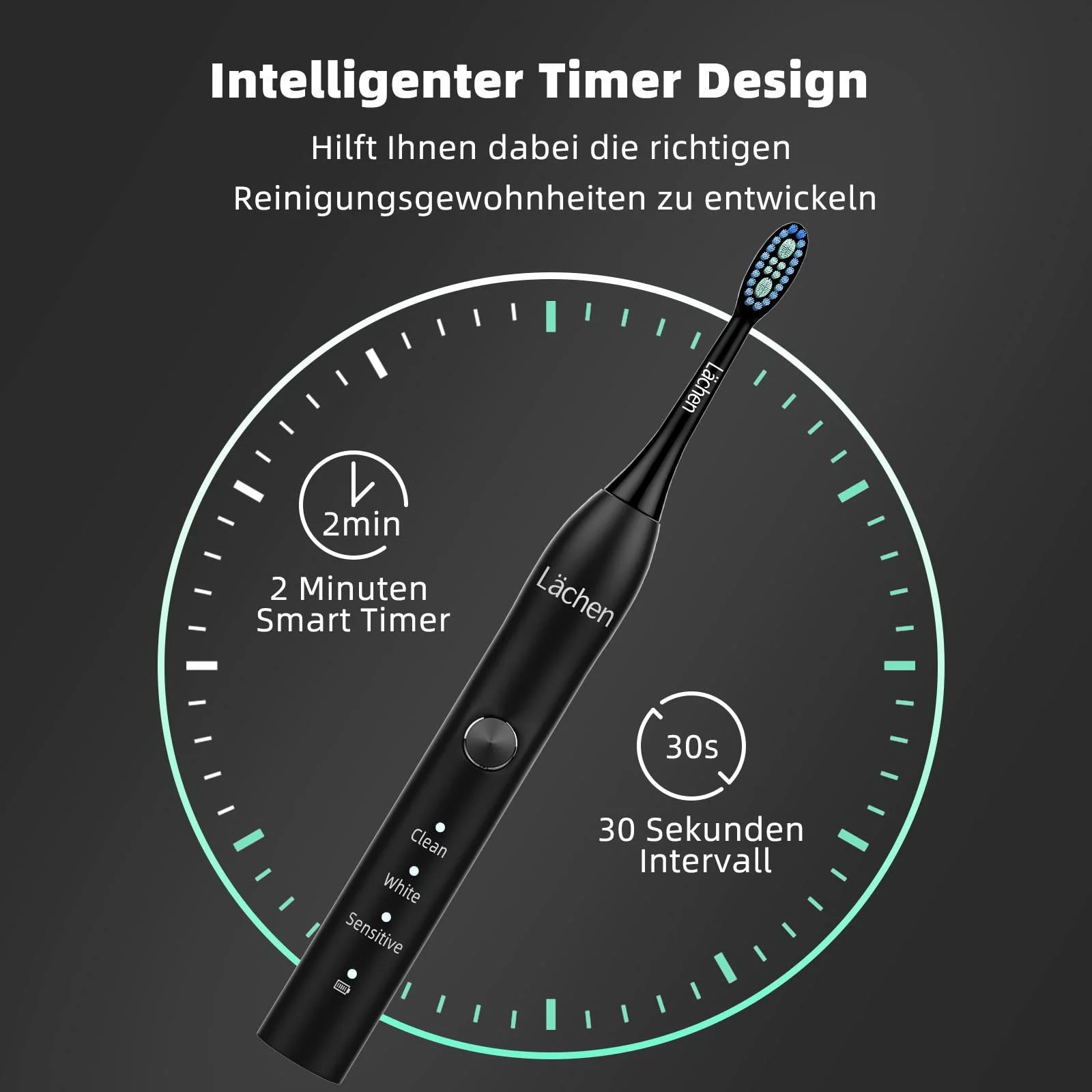 Электрическая звуковая зубная щетка Lächen 3 режима Дорожный футляр Черная, фото №3