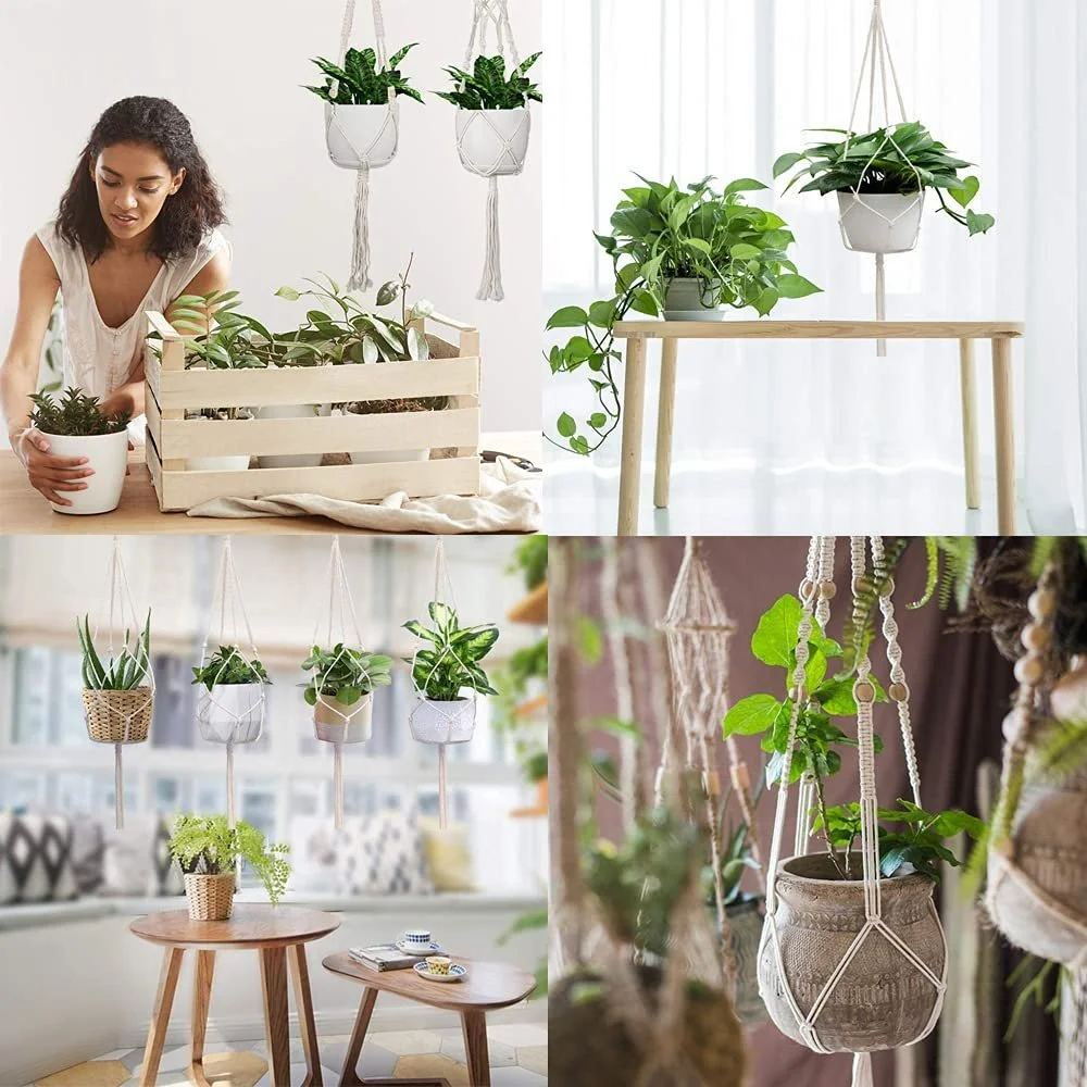 Подвесные корзины Ylinwtech Набор 2 шт. Хлопковая веревка Макраме Ручное плетение Бежевый, фото №5