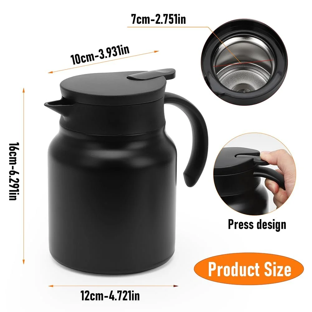 Кофейник RANJIMA 1000 мл, Термокофейник, Черный термос-колба со вставкой-фильтром, Чайник из нержавеющей стали с двойными стенками для горячих напитков, Изолированный кувшин для кофе, чая, молока, фото №3