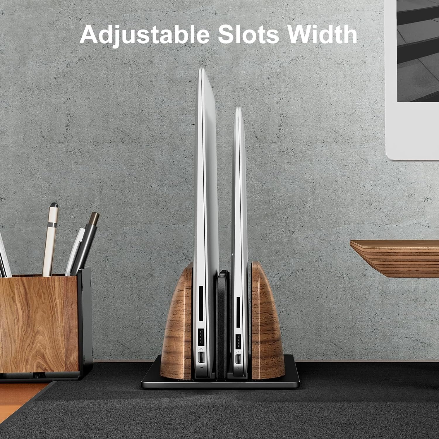 Вертикальна Підставка для Ноутбука, Подвійна Щілина, Дерево Горіх, Регульована Ширина, для MacBook та інших ноутбуків, фото №3