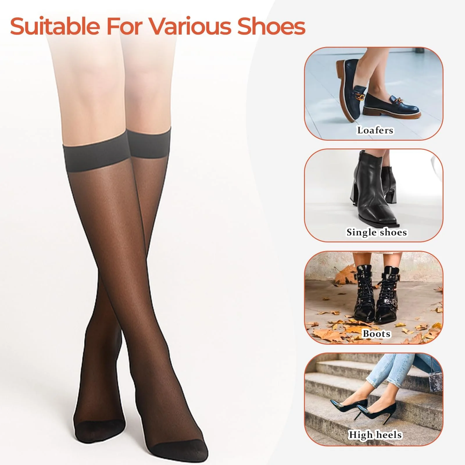 Жіночі гольфи 15D, еластичні, нейлонові, прозорі, з посиленим носком, 3 пари, фото №5 Жіночі гольфи 15D, еластичні, нейлонові, прозорі, з посиленим носком, 3 пари, фото №5