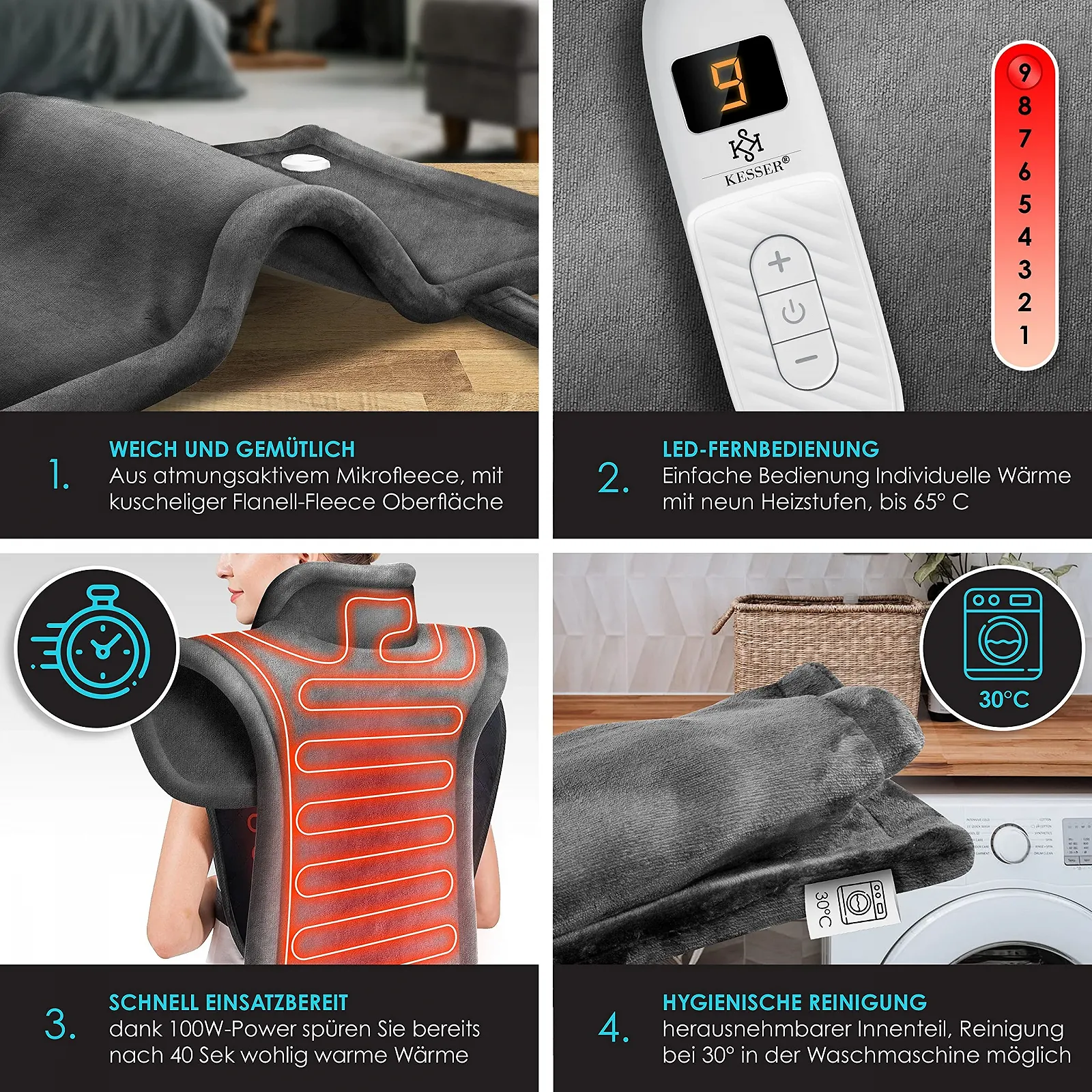 Електрична ковдра грілка KESSER 9 налаштувань тепла 60 x 85 см, фото №3 Електрична ковдра грілка KESSER 9 налаштувань тепла 60 x 85 см, фото №3