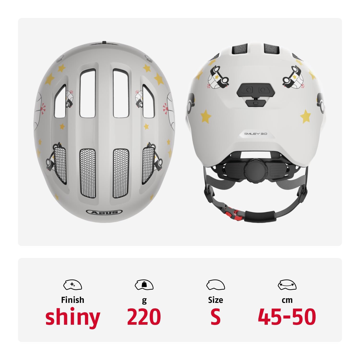 Велосипедний шолом ABUS Smiley 3.0 дитячий, сірий з автомобільним візерунком (сіра поліція), розмір S (45–50 см), фото №3