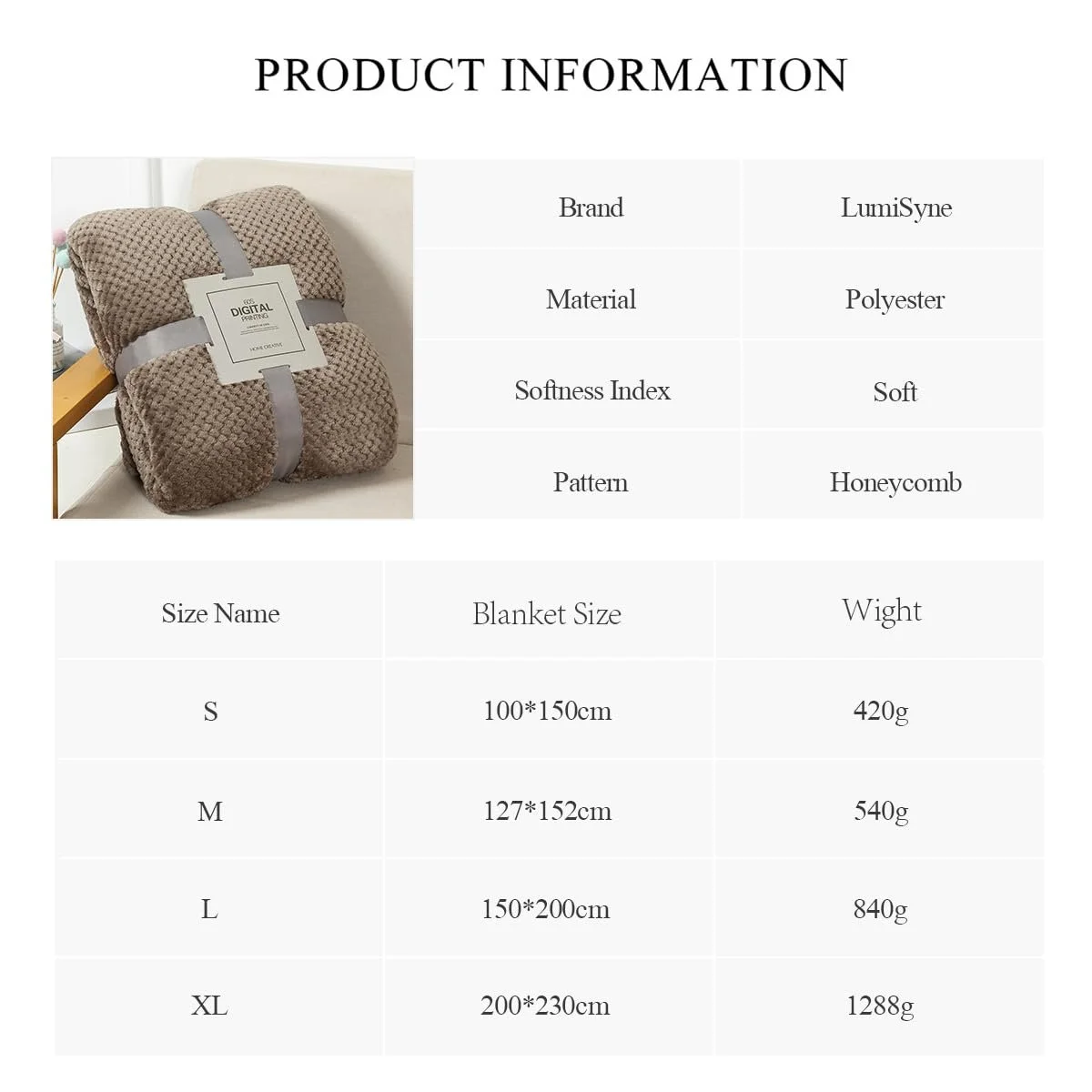 Покривало LumiSyne Вафельний Стільниковий Однотонний Розкішна фланель 230 x 200 см, фото №7