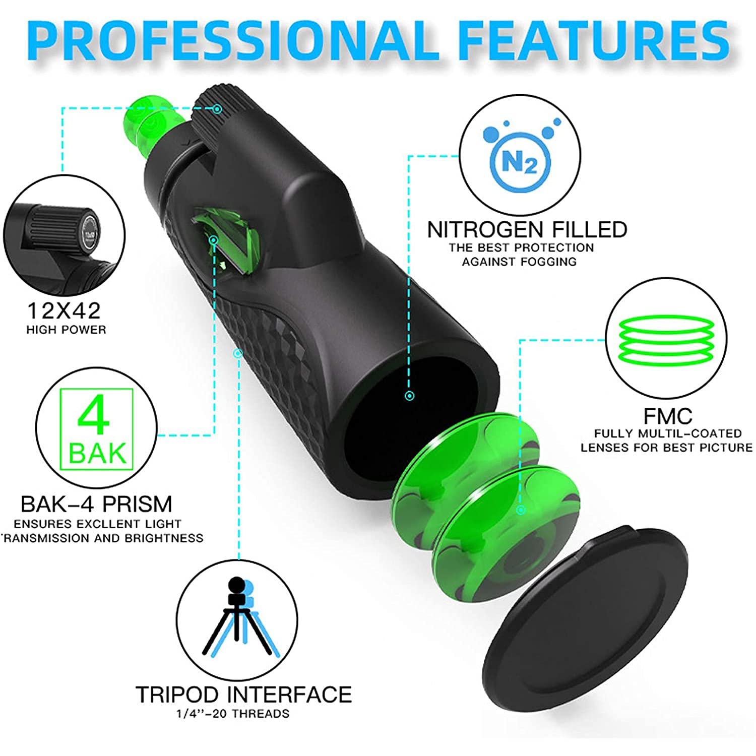 Монокуляр HZYDD Телеcкоп 10x42 Комфортабельний з адаптером для смартфона и штативом BAK4 Prism FMC-лінза безпечний для будь-яких погодних умов, фото №4