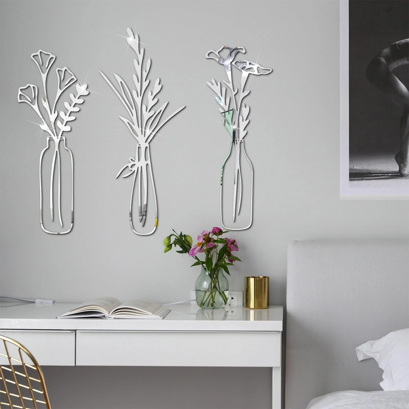 Наклейки на стену Акриловые зеркальные Цветы Ваза 3D Самоклеящиеся 3 шт. Серебристый, фото №7