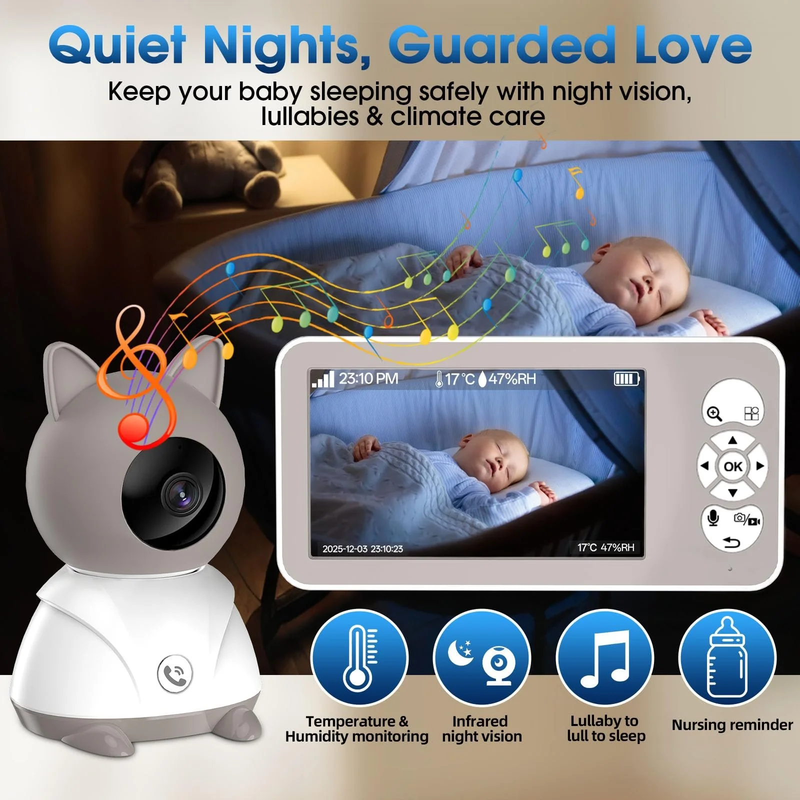Відеоняня 2K 5" PTZ 355°/60° 4X Zoom IR Night Vision Motion Sensor Lullabies, фото №5