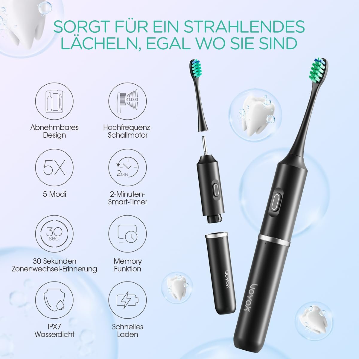 Електрична зубна щітка VOYOR-HEALTH ET410 Звукова акумуляторна портативна 5 режимів з дорожнім футляром Чорна, фото №2