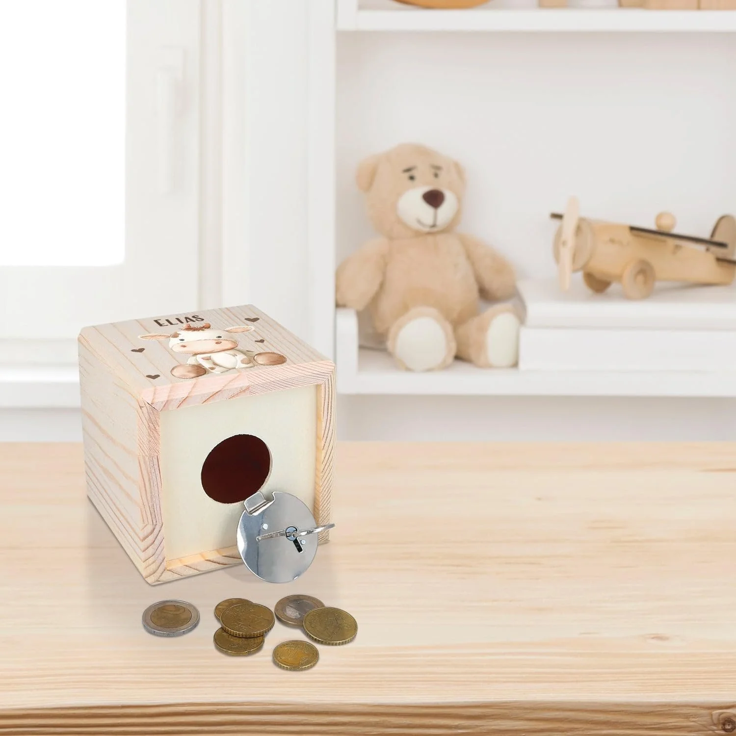 Скарбничка GRAVURZEILE Дерев'яна з металевим замком Тварини Корова Персоналізована, фото №2