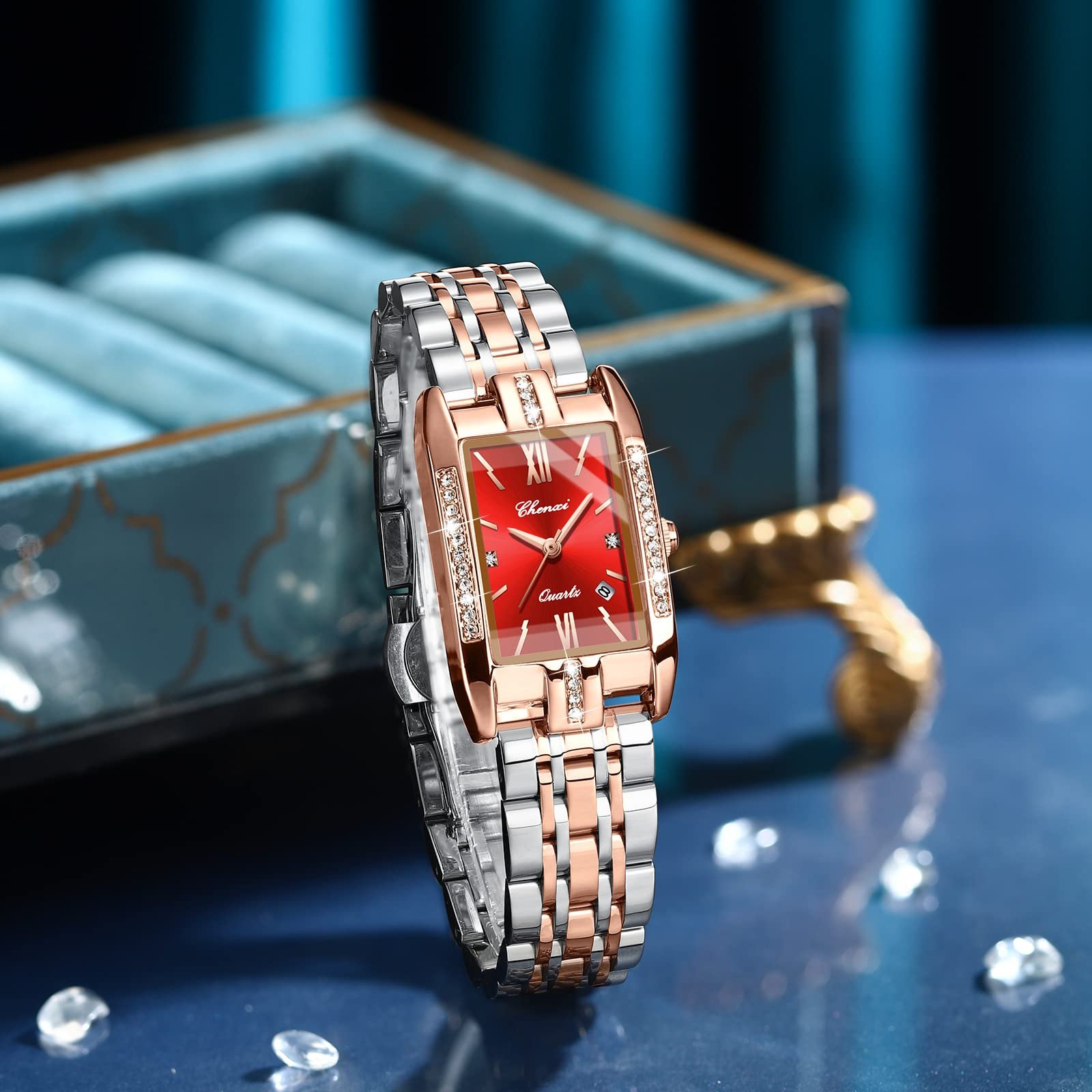 Женские Аналоговые Часы JewelryWe Кварцевые Прямоугольные С календарем даты Водонепроницаемые 30 м Браслет из нержавеющей стали, фото №4