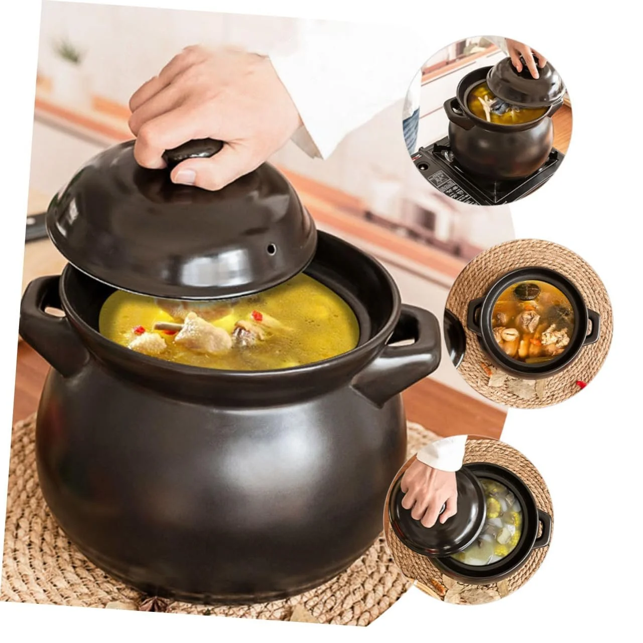 Кастрюля керамическая термостойкая многофункциональная малая для супа и каш черная, фото №7