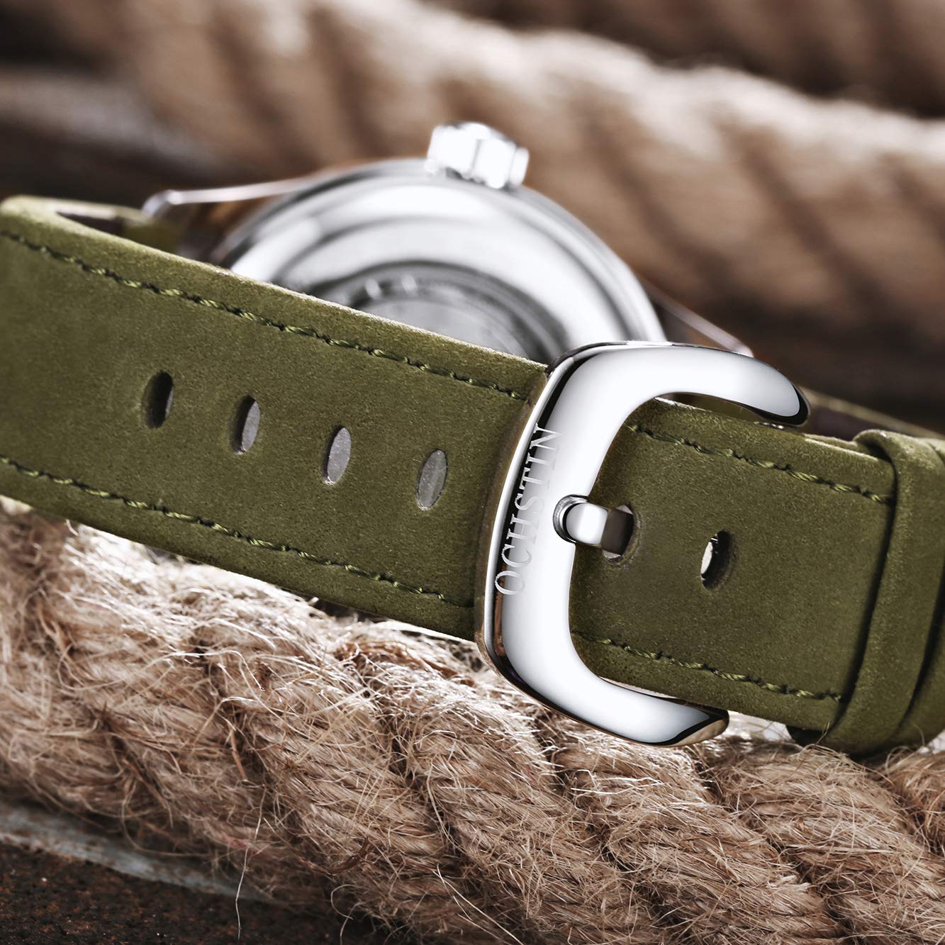 Чоловічий годинник OCHSTIN Automatic Military Date Leather Mechanical Green Ribbon, фото №4