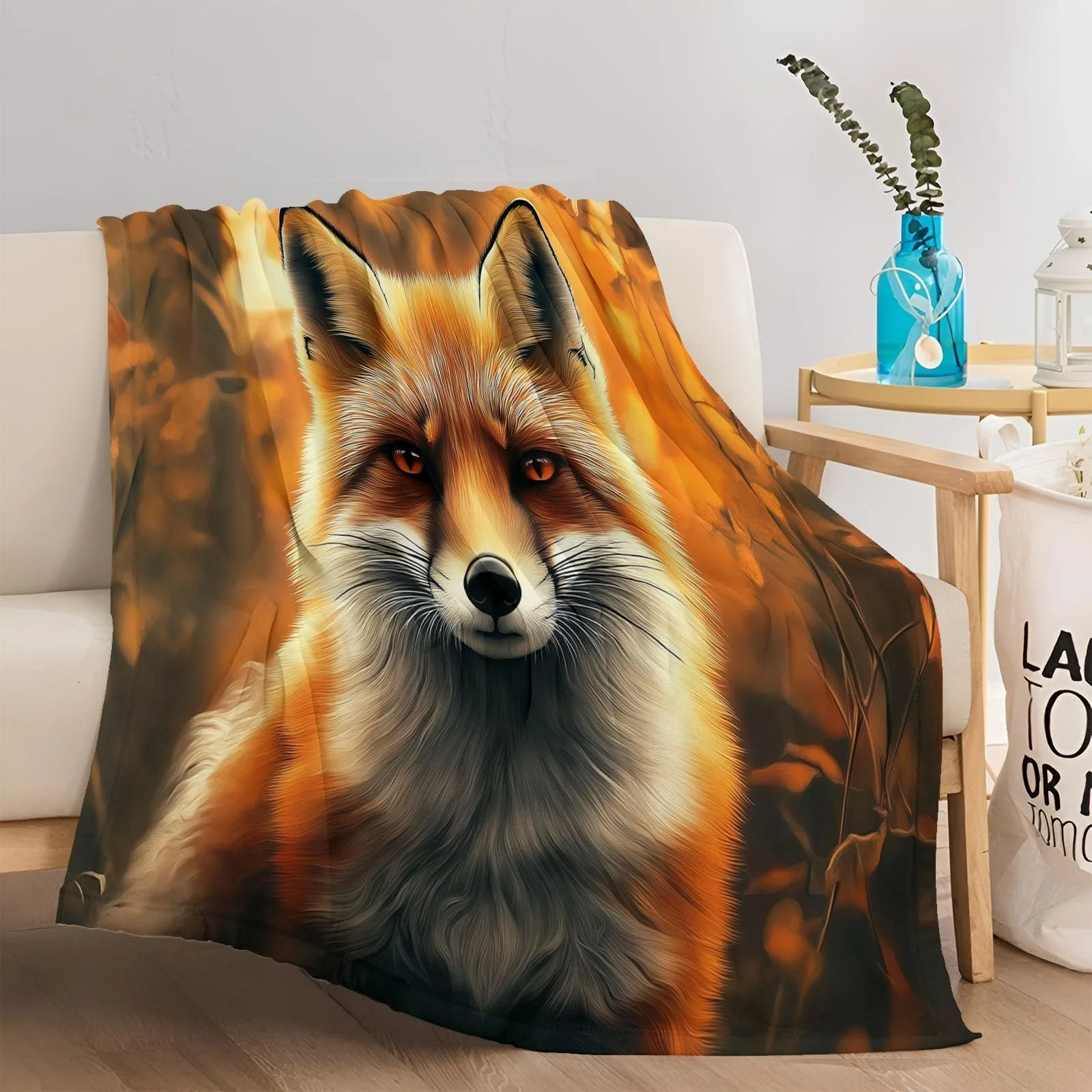 Одеяло Флисовое Мягкое Теплое С Мотивом Лисы, Лесных Листьев 180 x 220 см Коричневое, фото №3