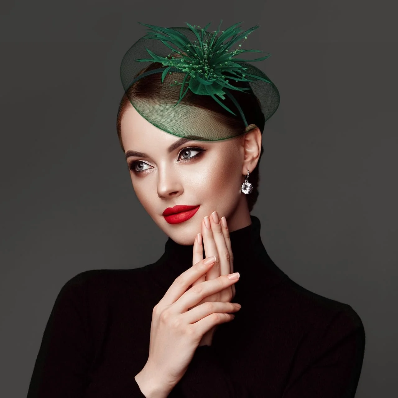 Обруч-капелюшок для вечірки ABOOFAN з сіткою та пір'ям, зелений, фото №7