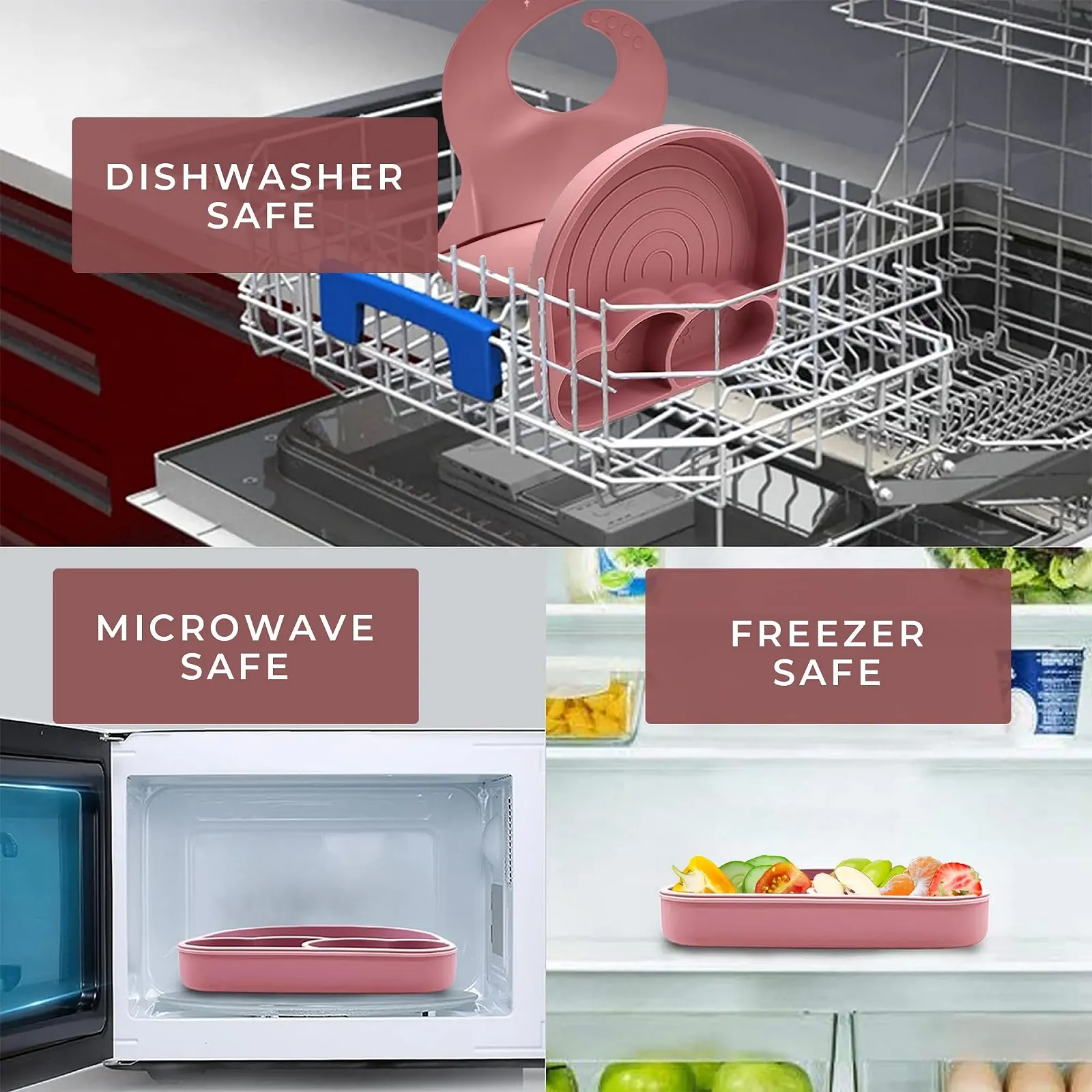 Набір дитячого посуду mypikin Рожевий, 5 предметів: тарілка, миска, слинявчик, виделка, ложка, кришки, фото №7