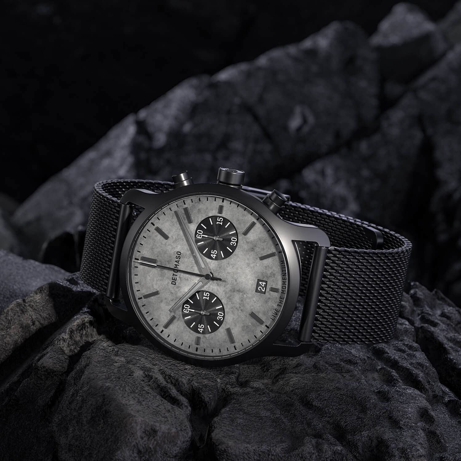 ДеТомасо Сорпассо Хронограф Лимитированная Серия ROCCE Черные Мужские Часы Аналоговые Кварцевые Mesh Миланский Золото, Черный, Браслет, фото №2